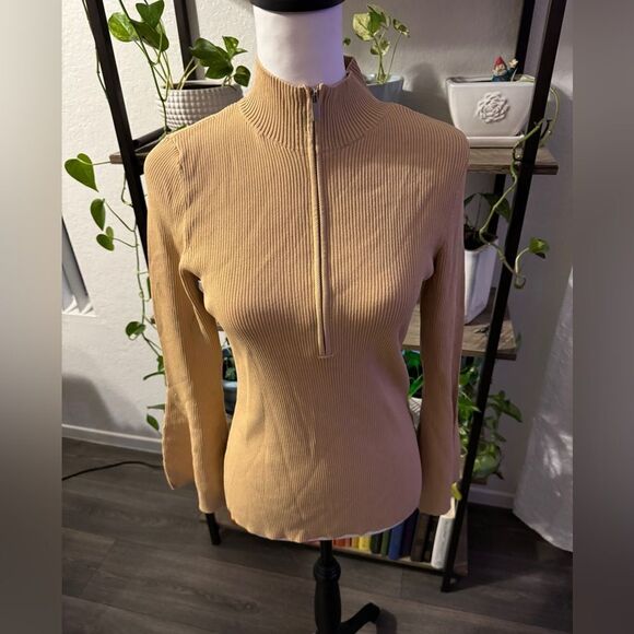 Ribbed camel colored brand new Boston Proper 3/4 zip w belle sleeves medium - Picture 1 of 9